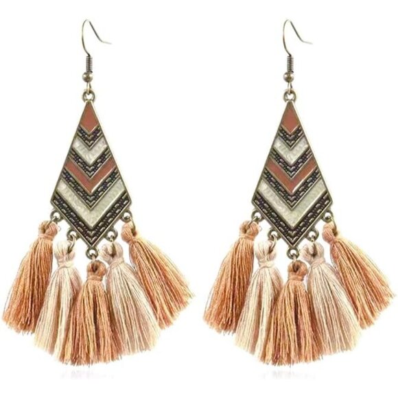 Brown Tassels Geometric Shape Dangle Statement Vintage Dainty Earring for Women - Picture 1 of 9